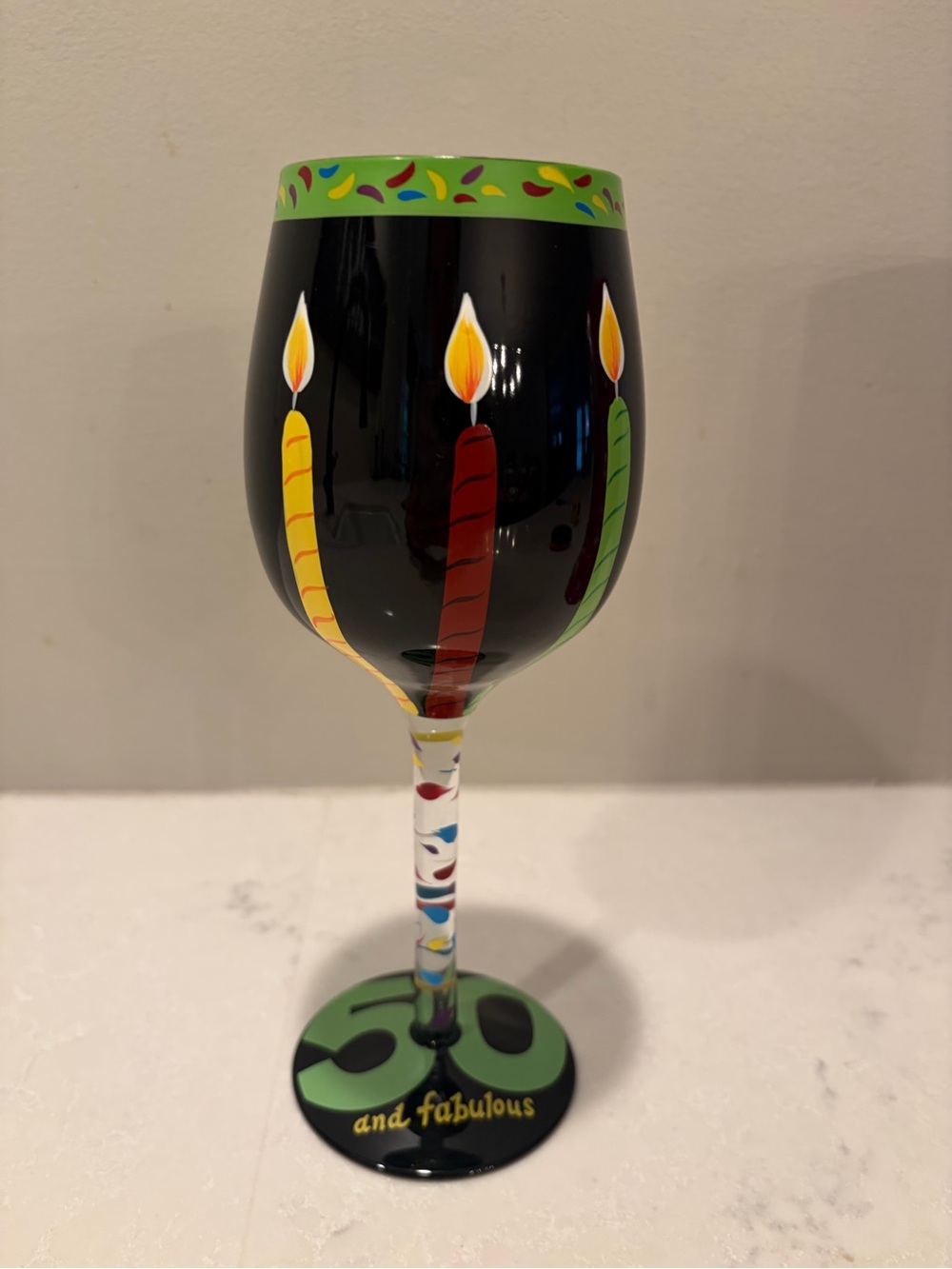 Lolita Black Wine Glass with Green Rim and Multicolor Candles
